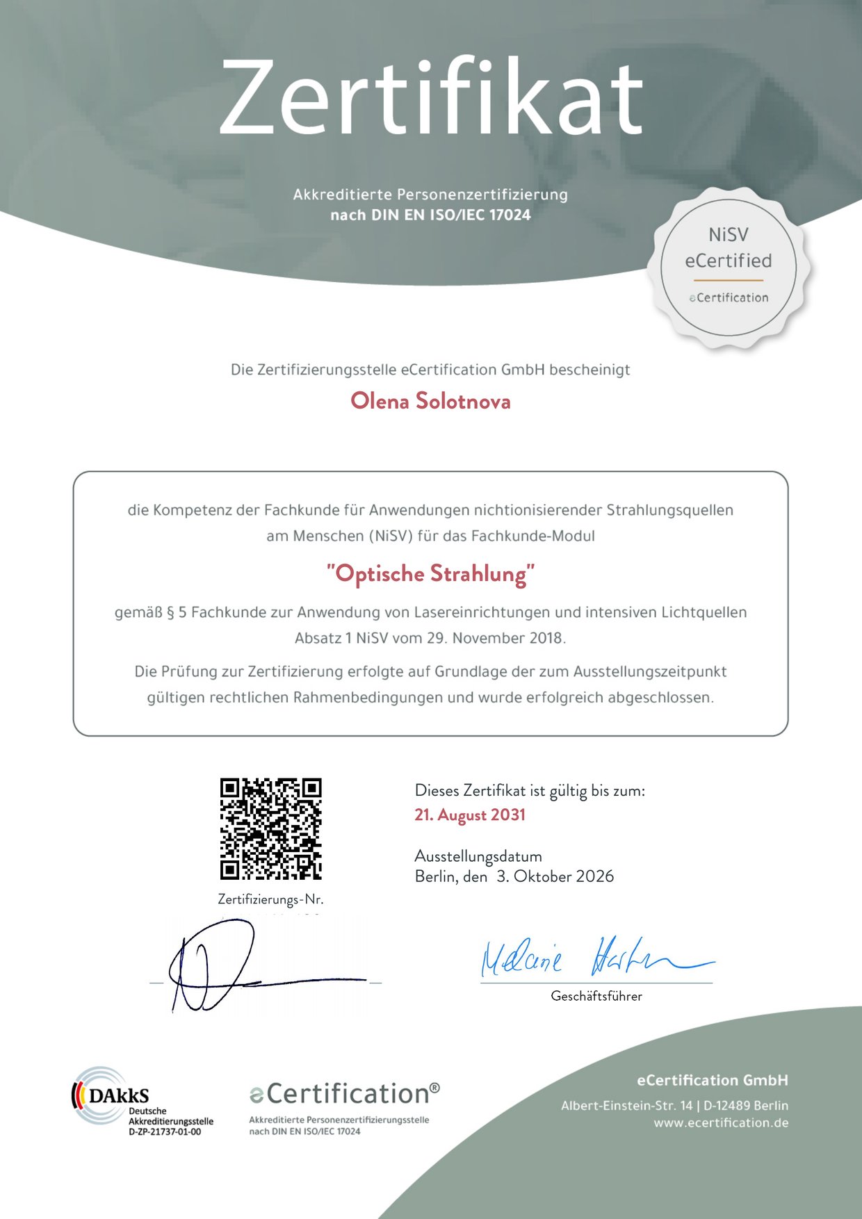 NiSV-Zertifikat der eCertification GmbH, Fachkunde-Modul „Optische Strahlung“, gültig bis 21. August 2031